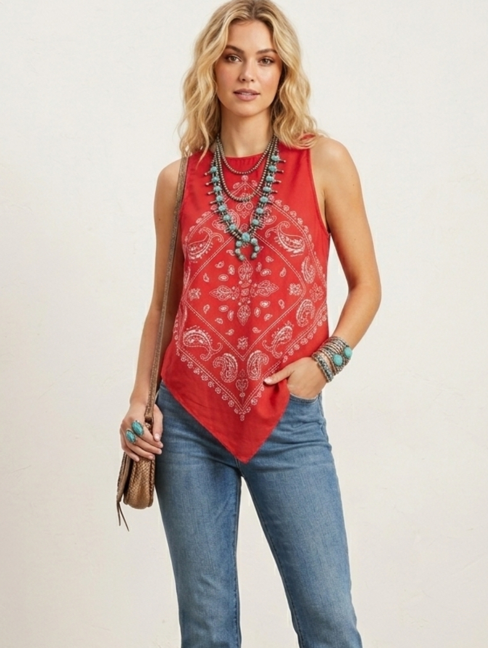 SHEIN Bohemian Red Paisley Bandana Print Handkerchief Hem Top Size Small